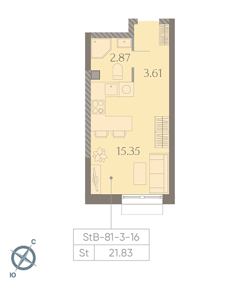 студия, 21.8 м², 16 этаж 