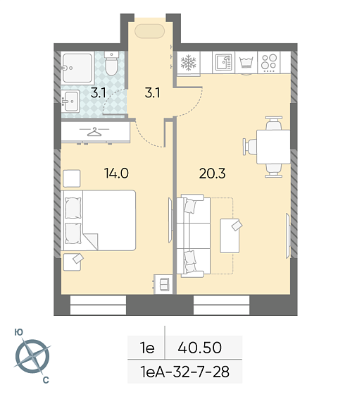 студия, 40.5 м², 15 этаж 