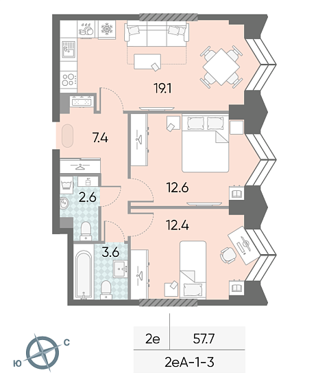 1 комн. квартира, 57.7 м², 3 этаж 