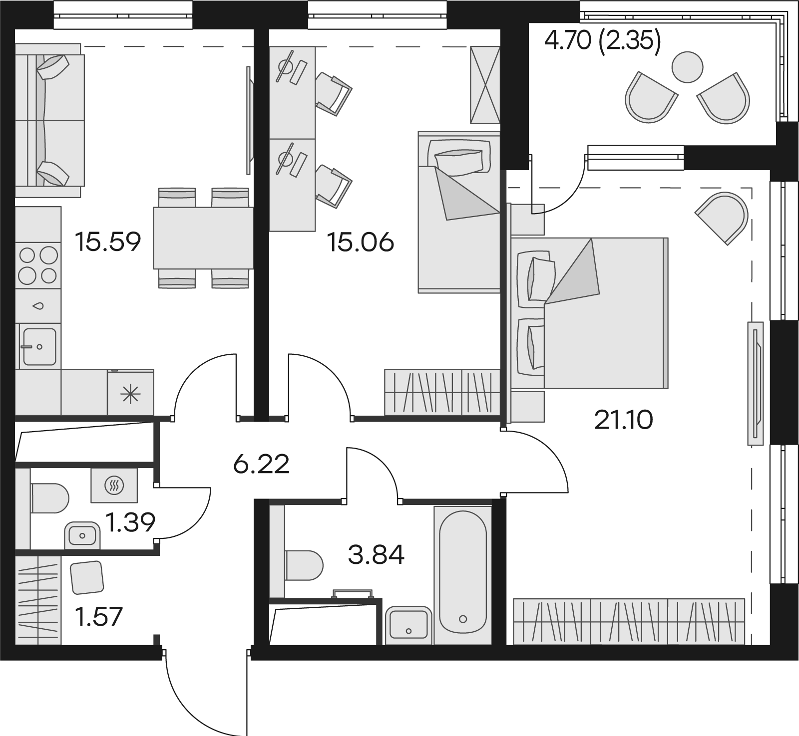 2 комн. квартира, 69.3 м², 8 этаж 