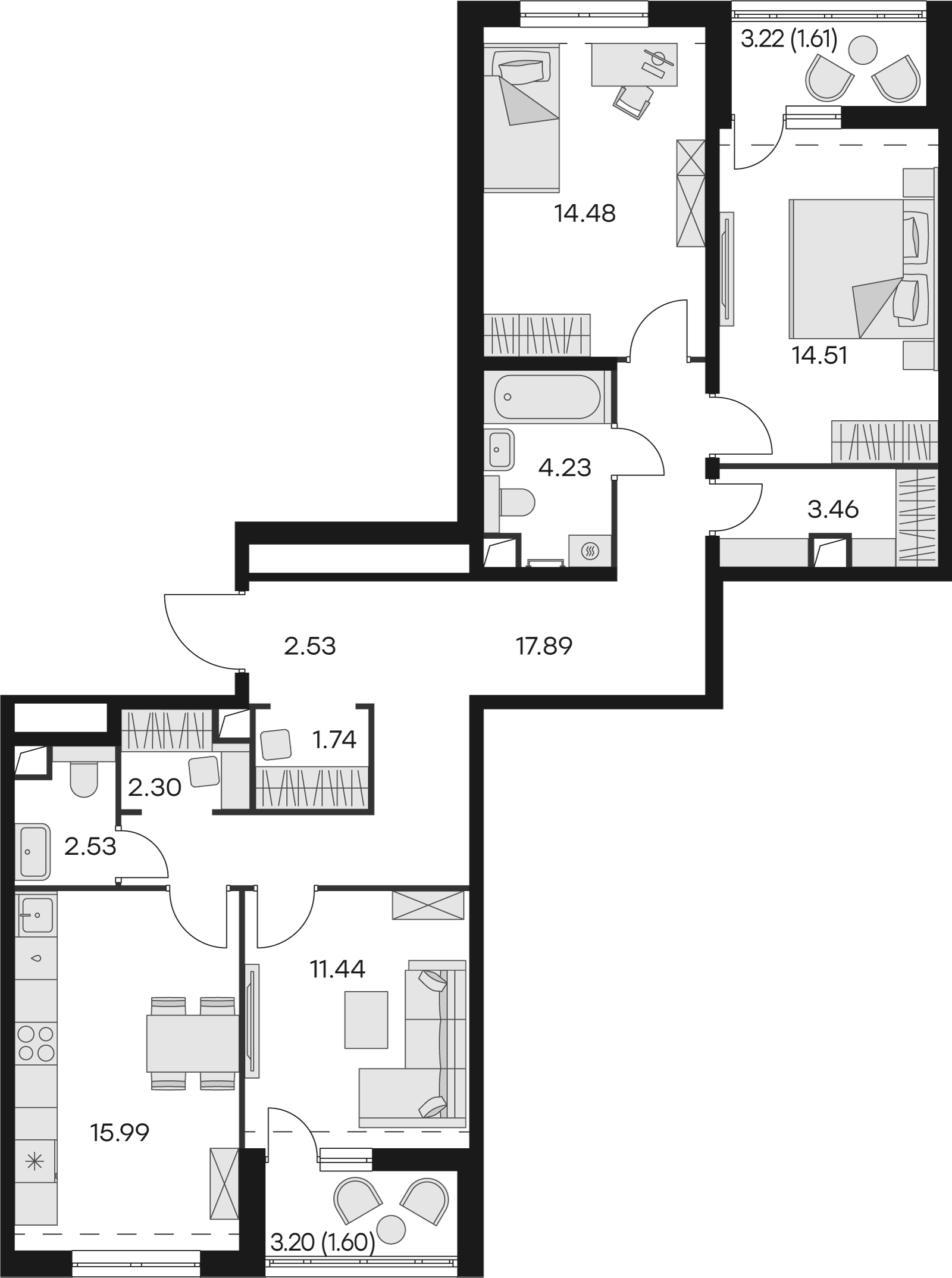 3 комн. квартира, 95.3 м², 2 этаж 