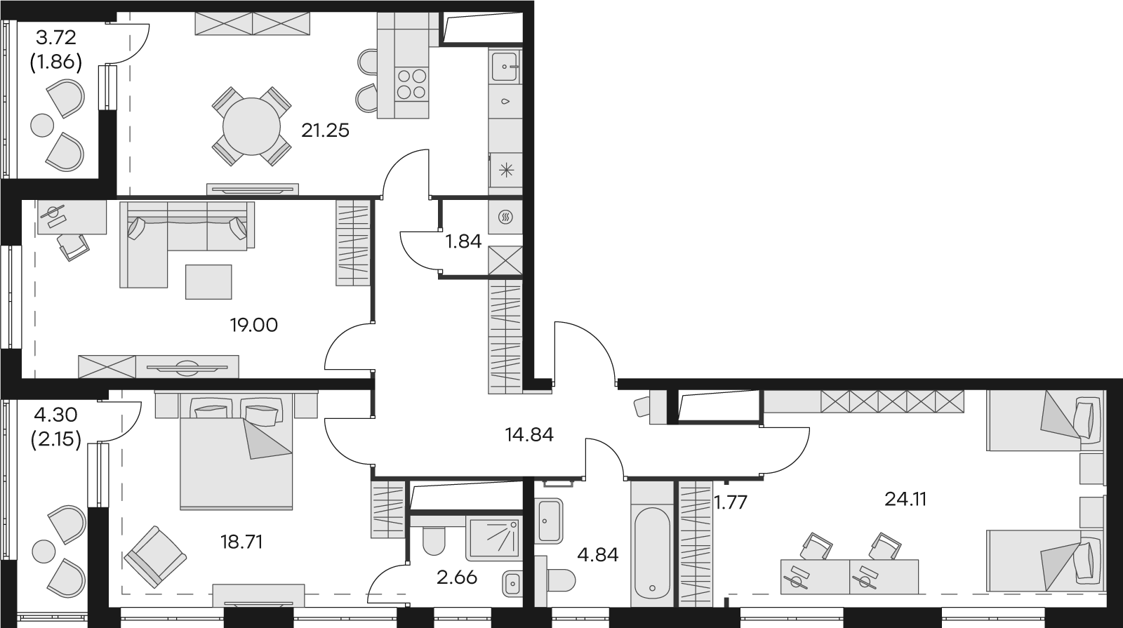 2 комн. квартира, 114.3 м², 12 этаж 