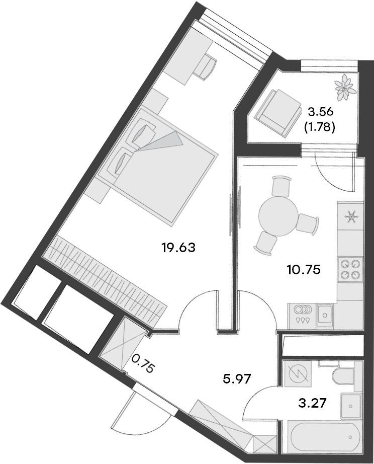 1 комн. квартира, 43.9 м², 12 этаж 