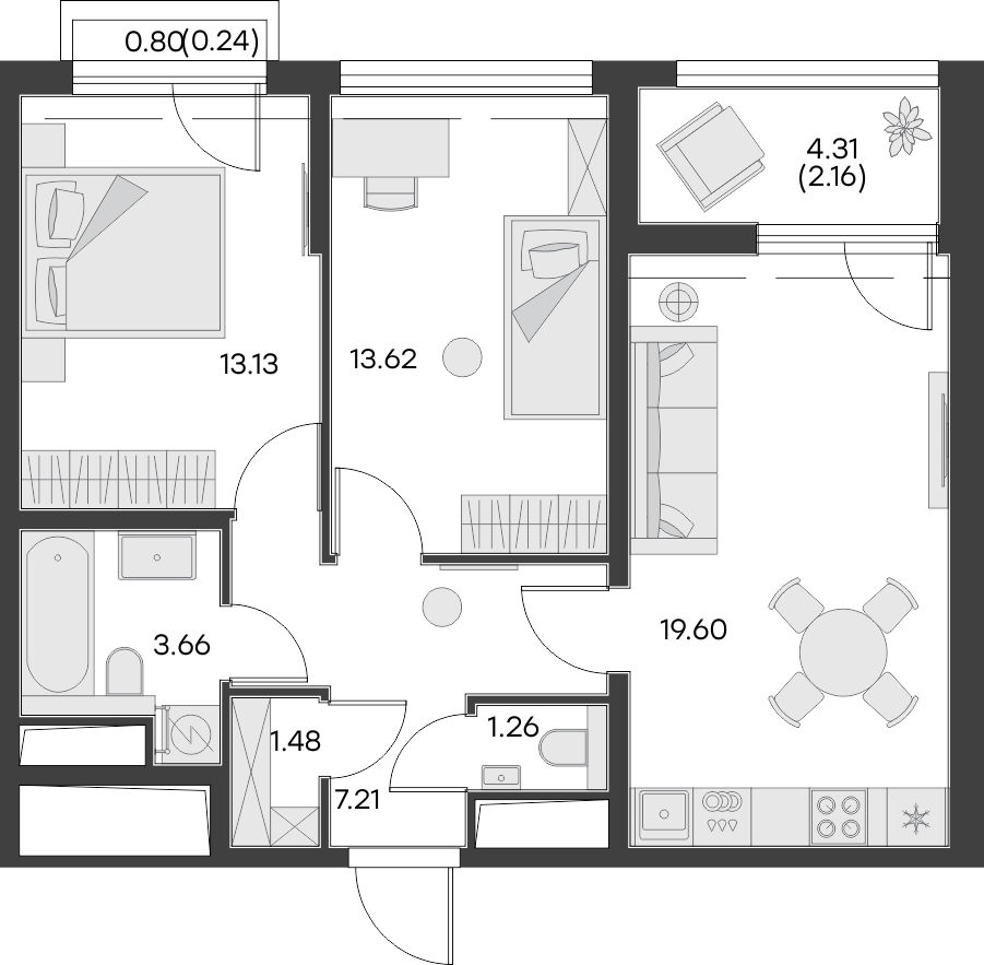 1 комн. квартира, 63.9 м², 3 этаж 