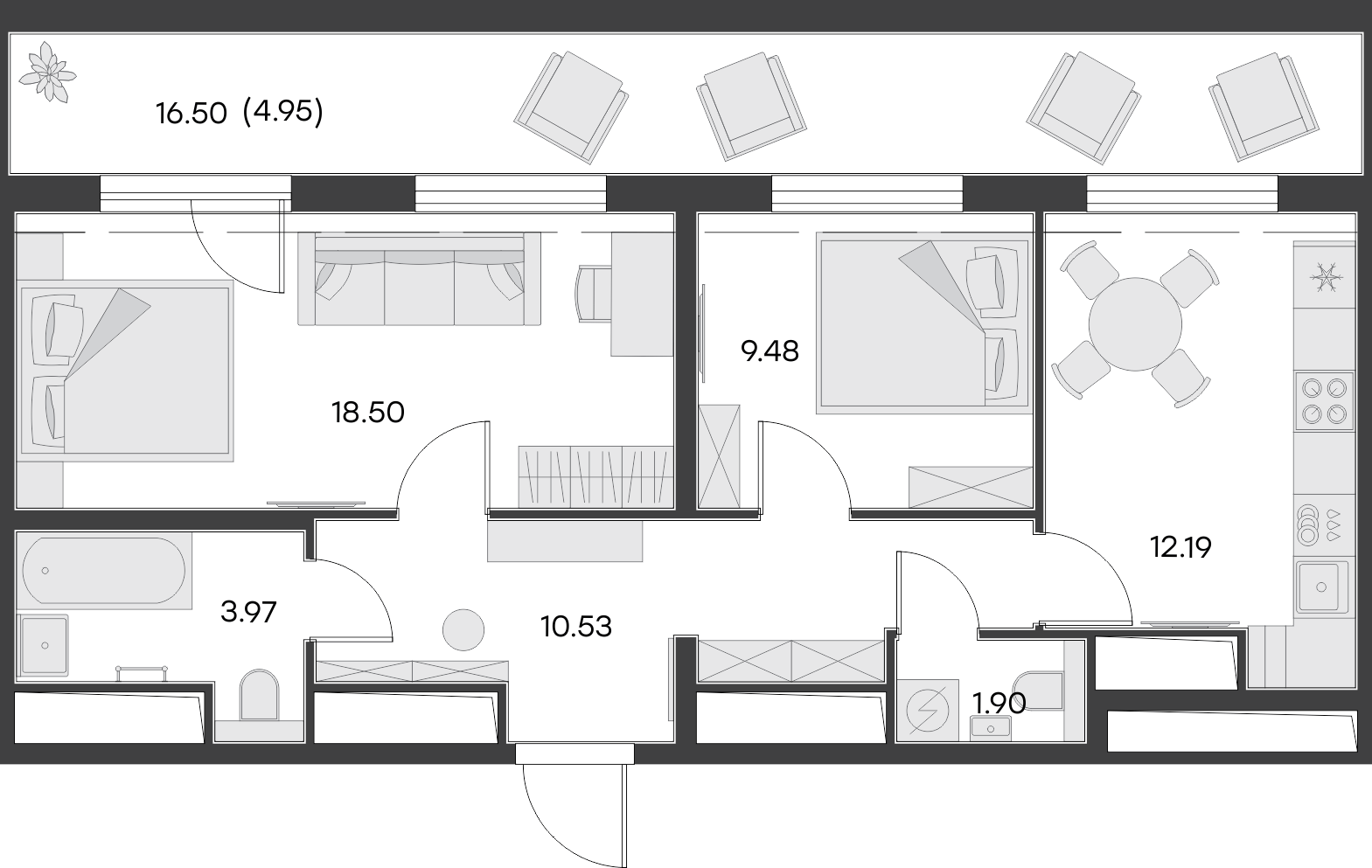 2 комн. квартира, 62.9 м², 14 этаж 