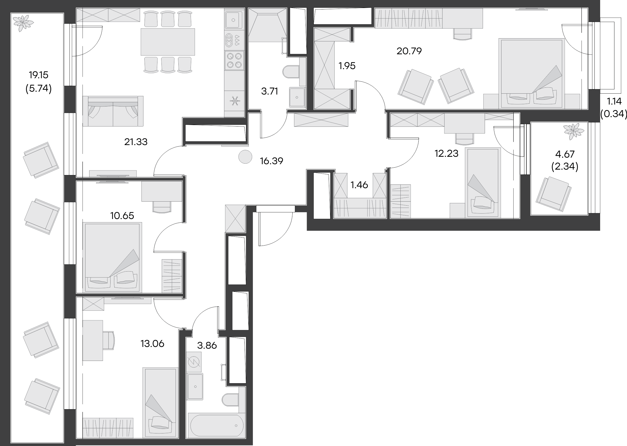 3 комн. квартира, 116.9 м², 14 этаж 