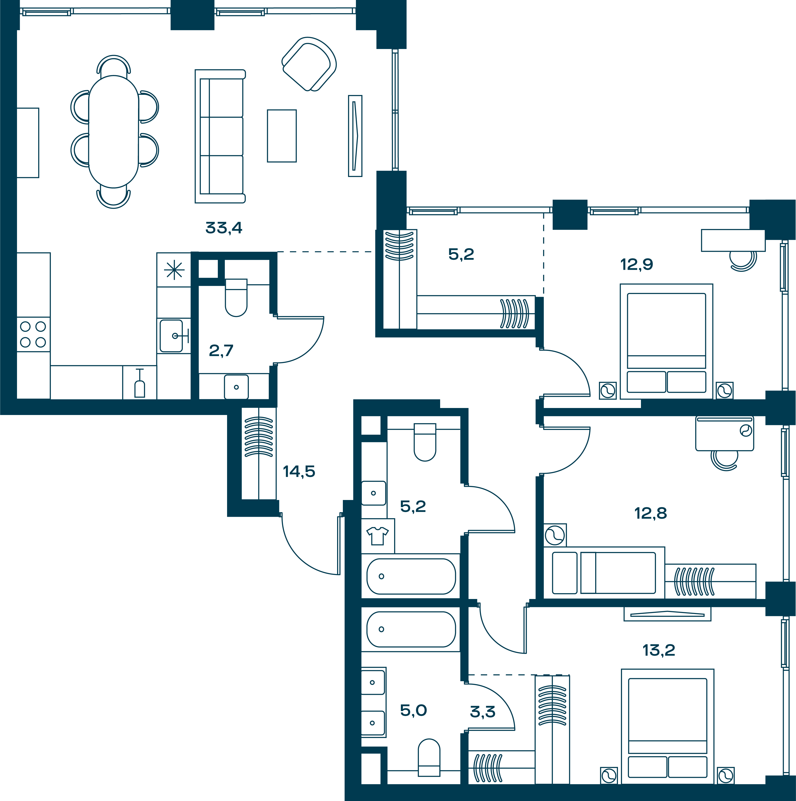 3 комн. квартира, 113.6 м², 28 этаж 