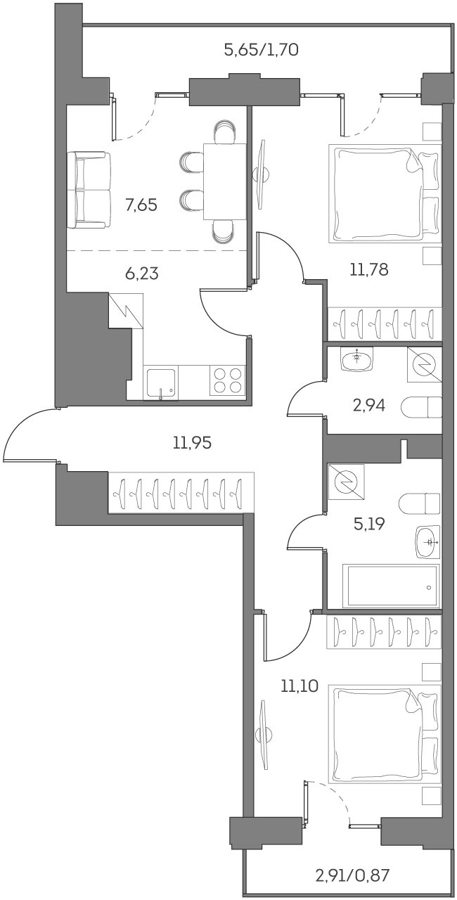 3 комн. квартира, 59.4 м², 12 этаж 