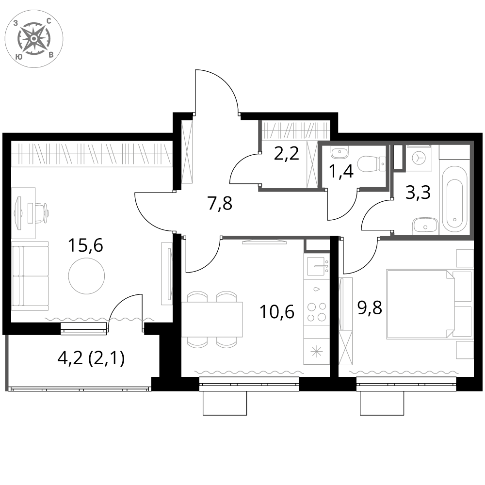 2 комн. квартира, 52.8 м², 7 этаж 