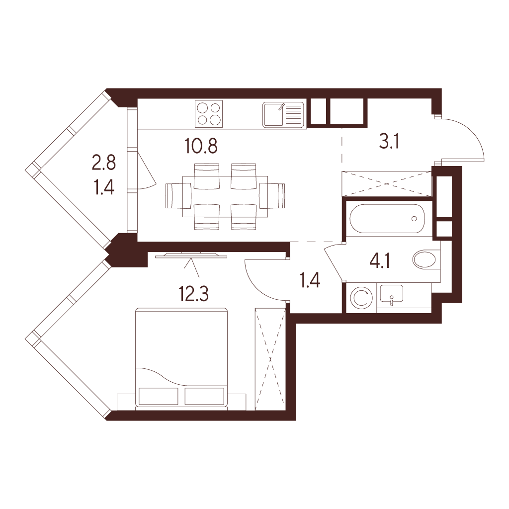 1 комн. квартира, 33.1 м², 26 этаж 