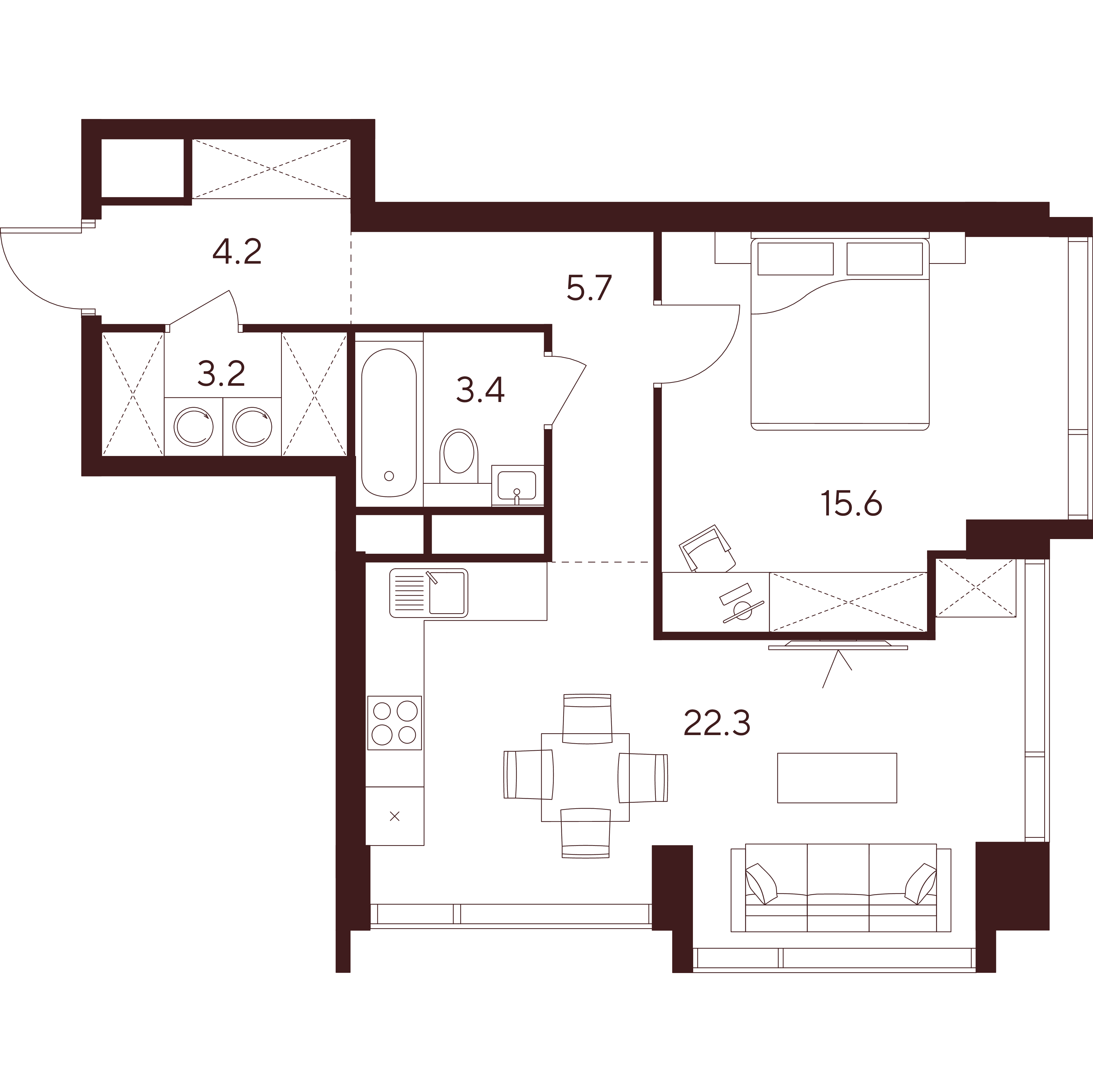 2 комн. квартира, 54.4 м², 34 этаж 