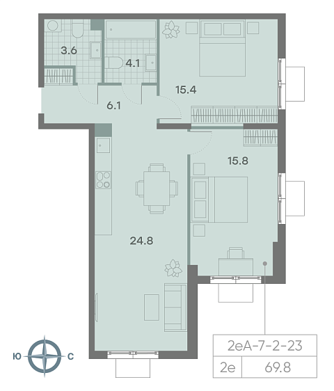 1 комн. квартира, 69.8 м², 12 этаж 