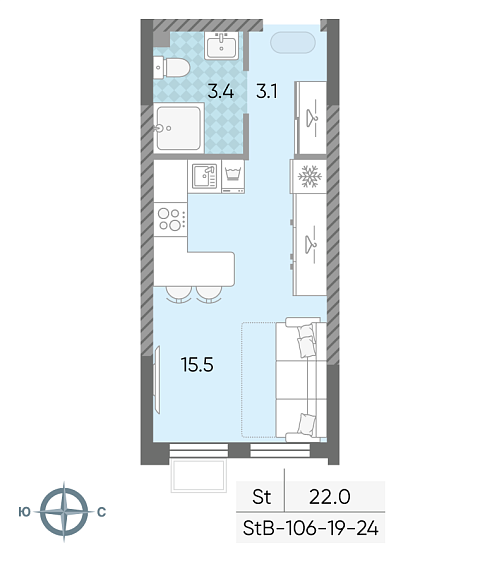 студия, 22 м², 19 этаж 