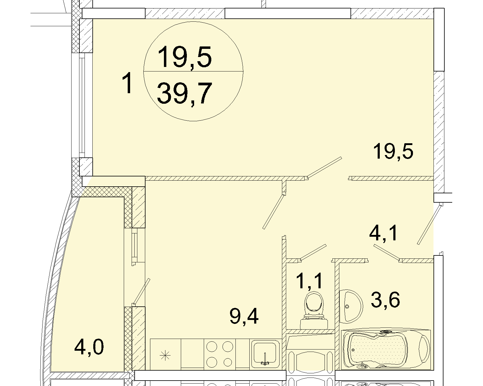 1 комн. квартира, 39.7 м², 13 этаж 