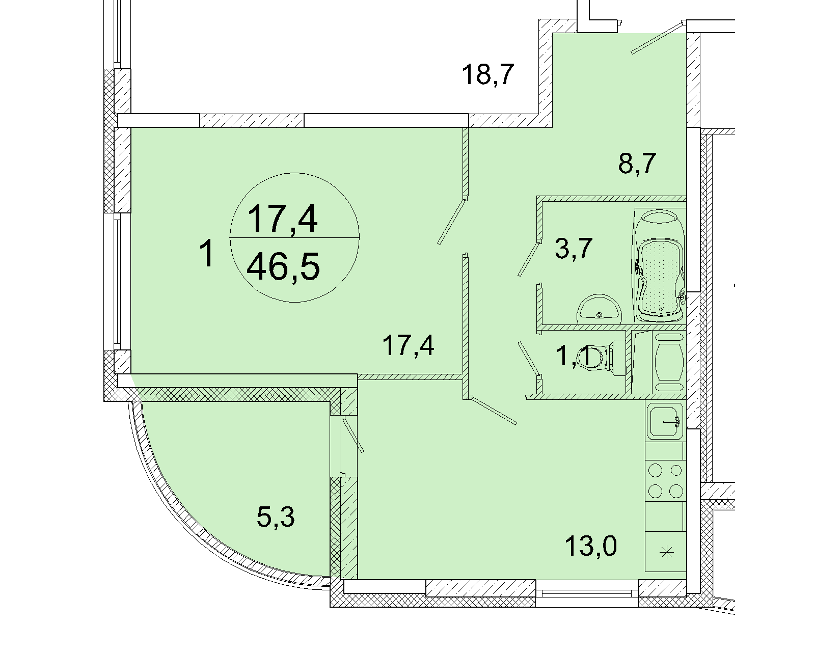 1 комн. квартира, 46.5 м², 12 этаж 