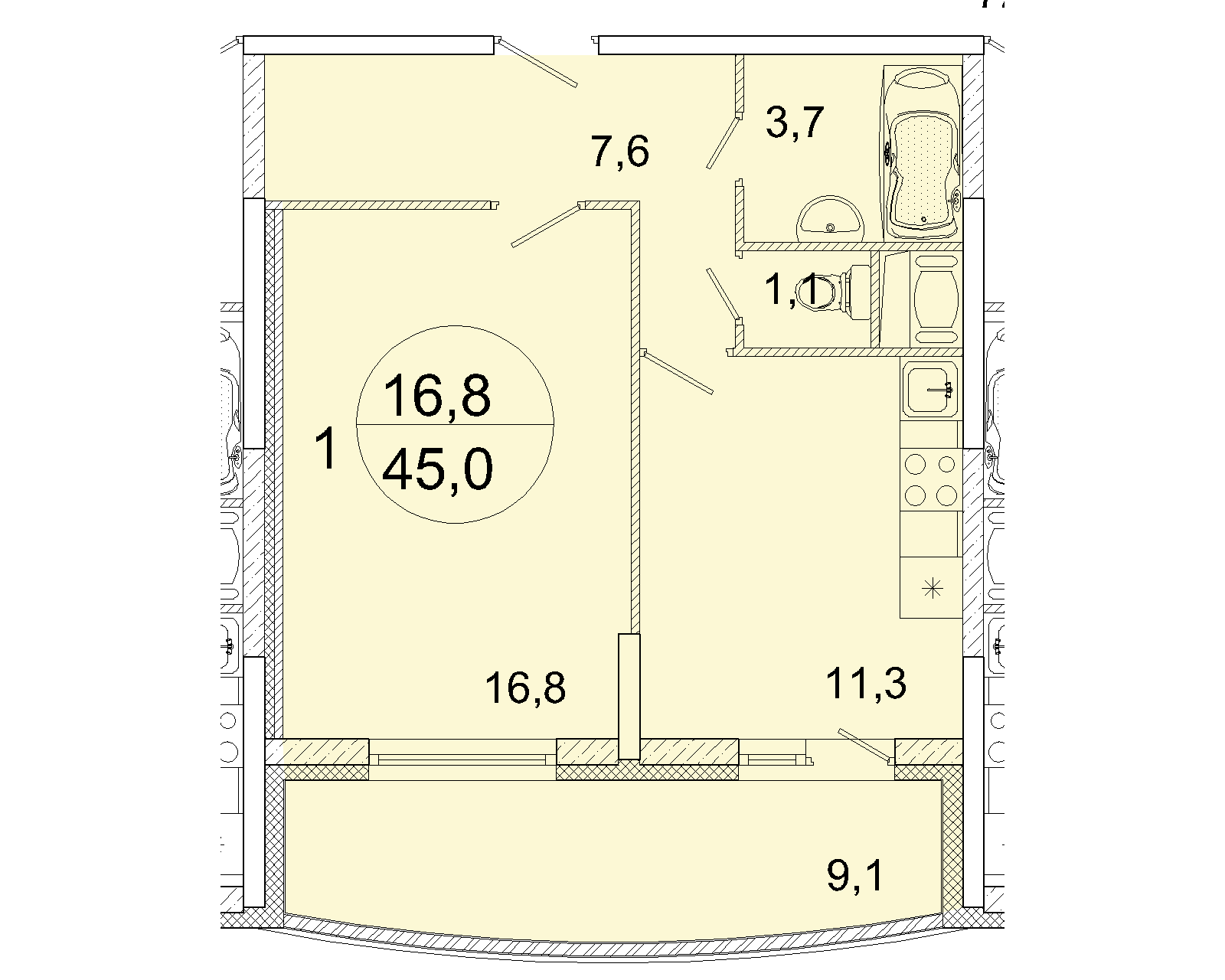 1 комн. квартира, 45 м², 9 этаж 