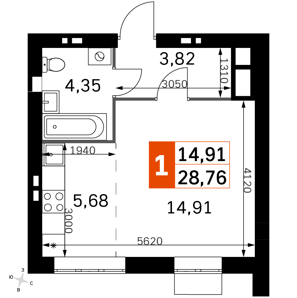 студия, 28.8 м², 4 этаж 