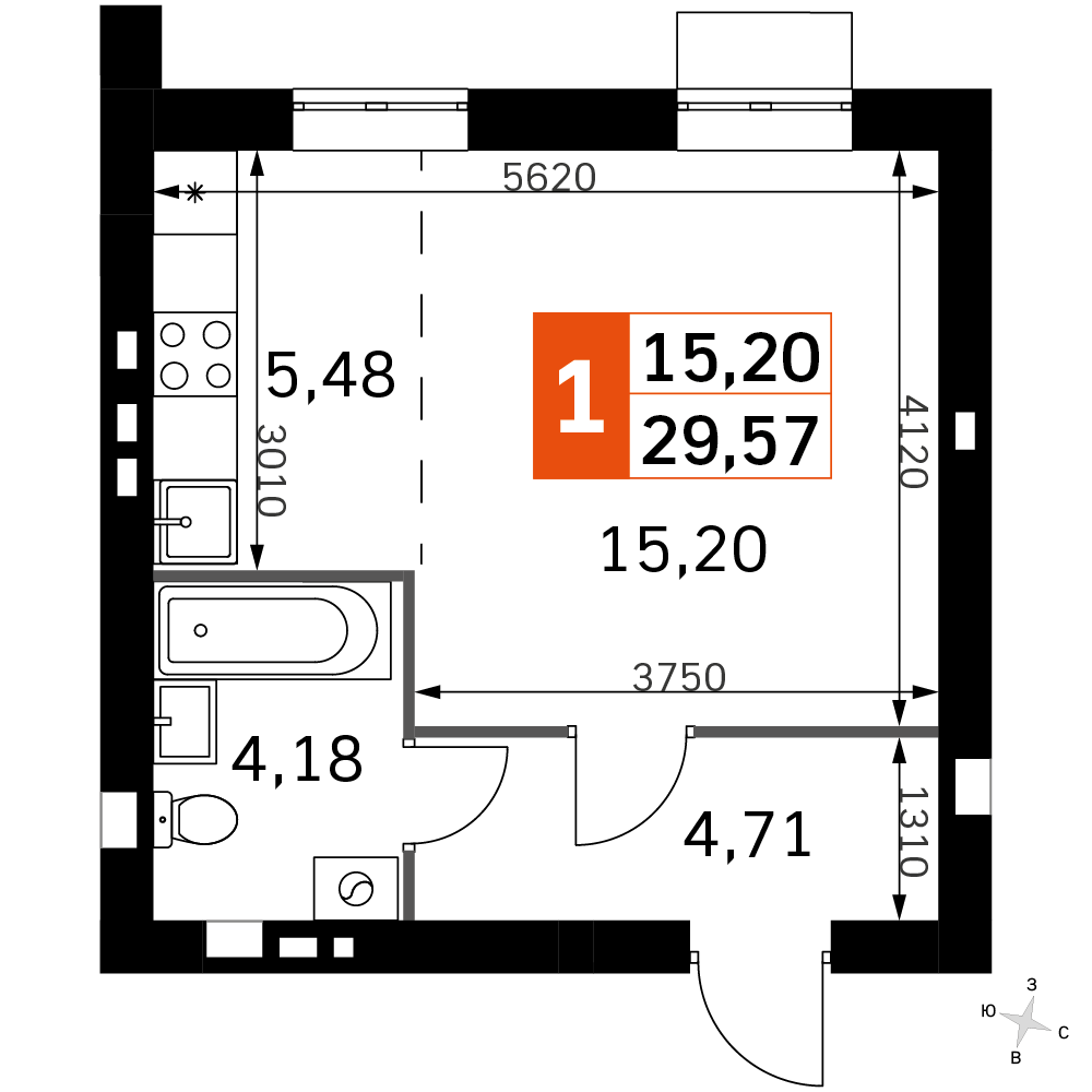 студия, 29.6 м², 2 этаж 