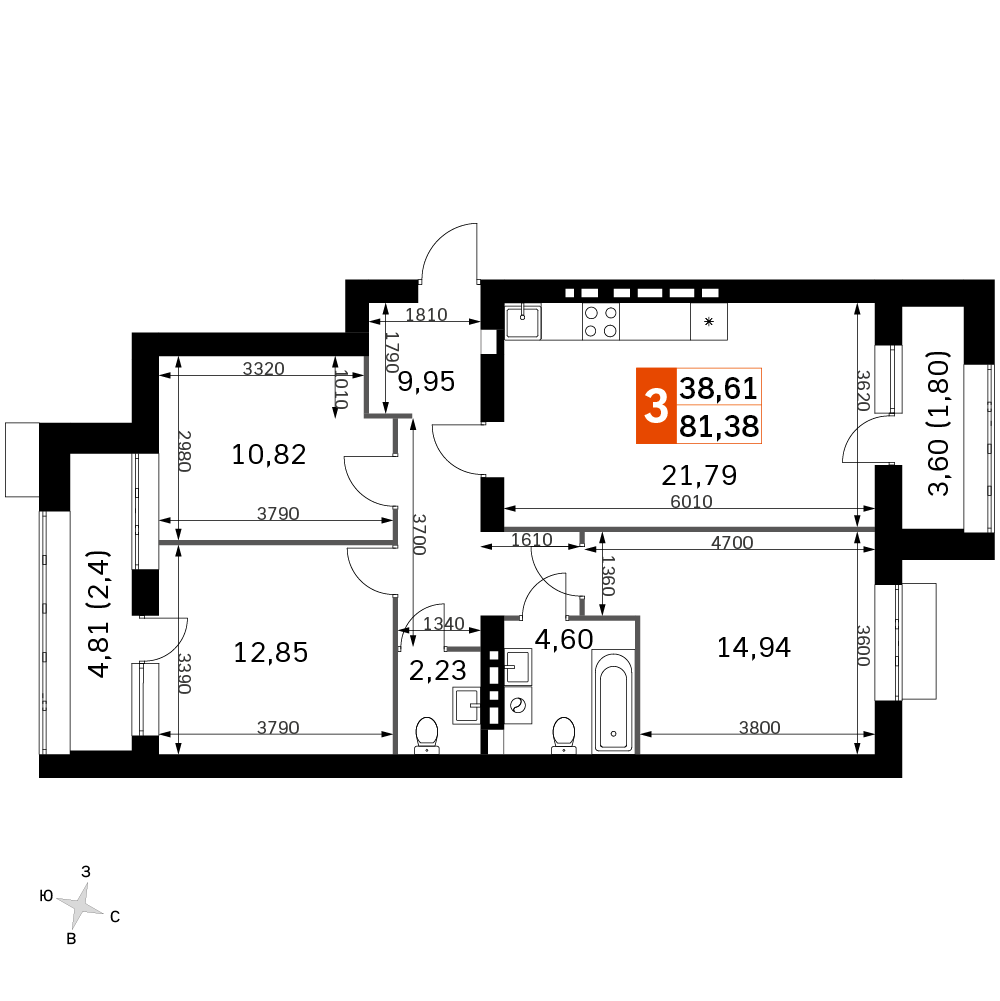 3 комн. квартира, 81.4 м², 4 этаж 