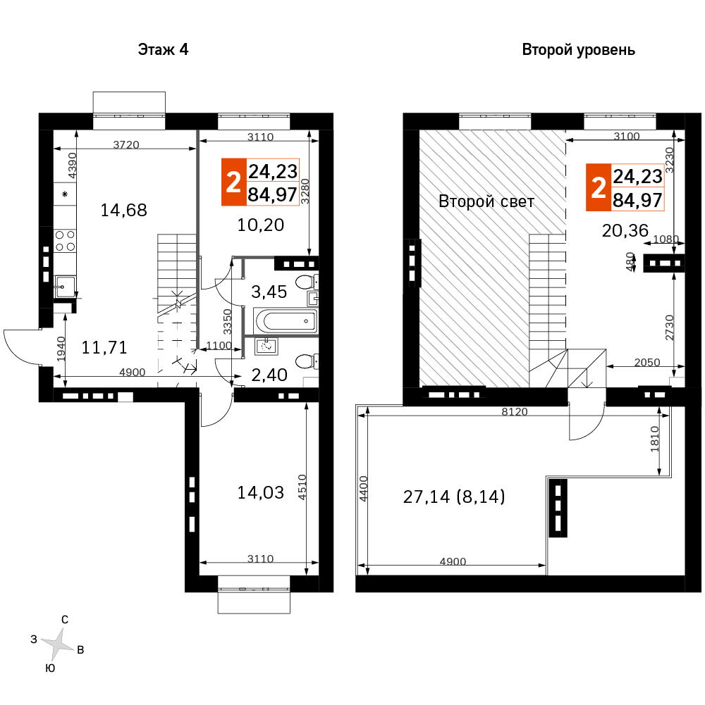 3 комн. квартира, 85 м², 4 этаж 
