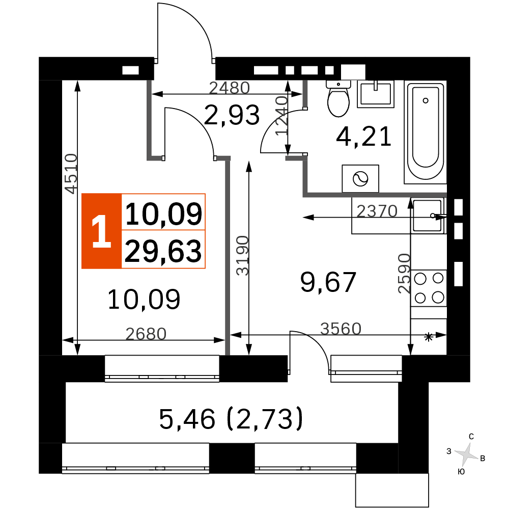 1 комн. квартира, 29.6 м², 4 этаж 