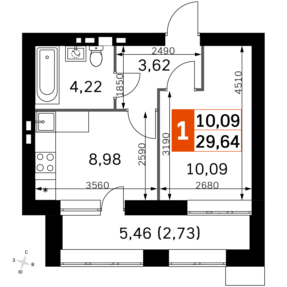 1 комн. квартира, 29.6 м², 4 этаж 