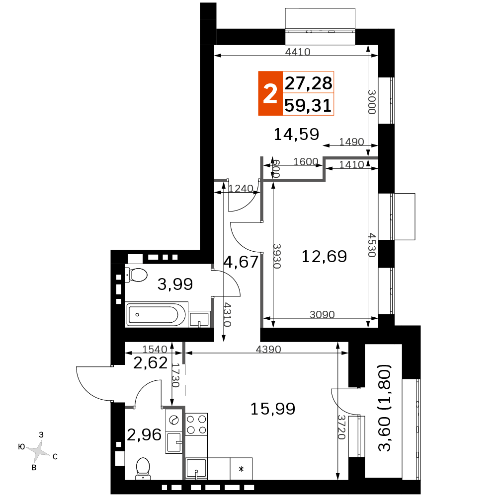 2 комн. квартира, 59.3 м², 4 этаж 