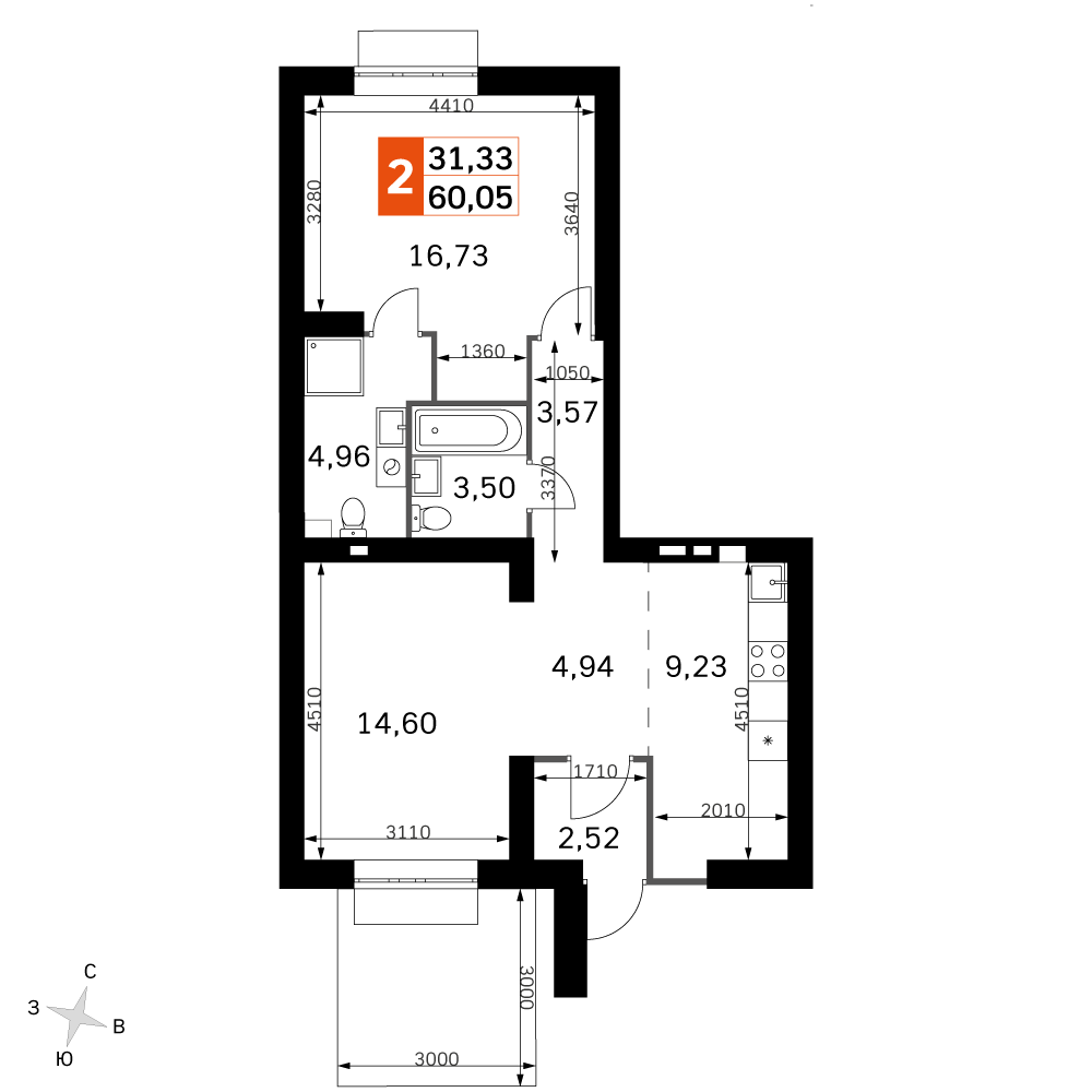 2 комн. квартира, 60 м², 1 этаж 
