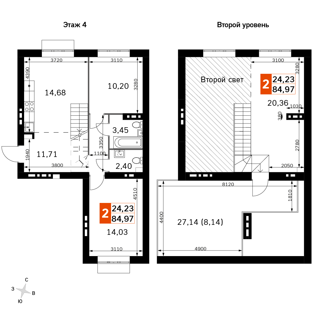 3 комн. квартира, 85 м², 4 этаж 