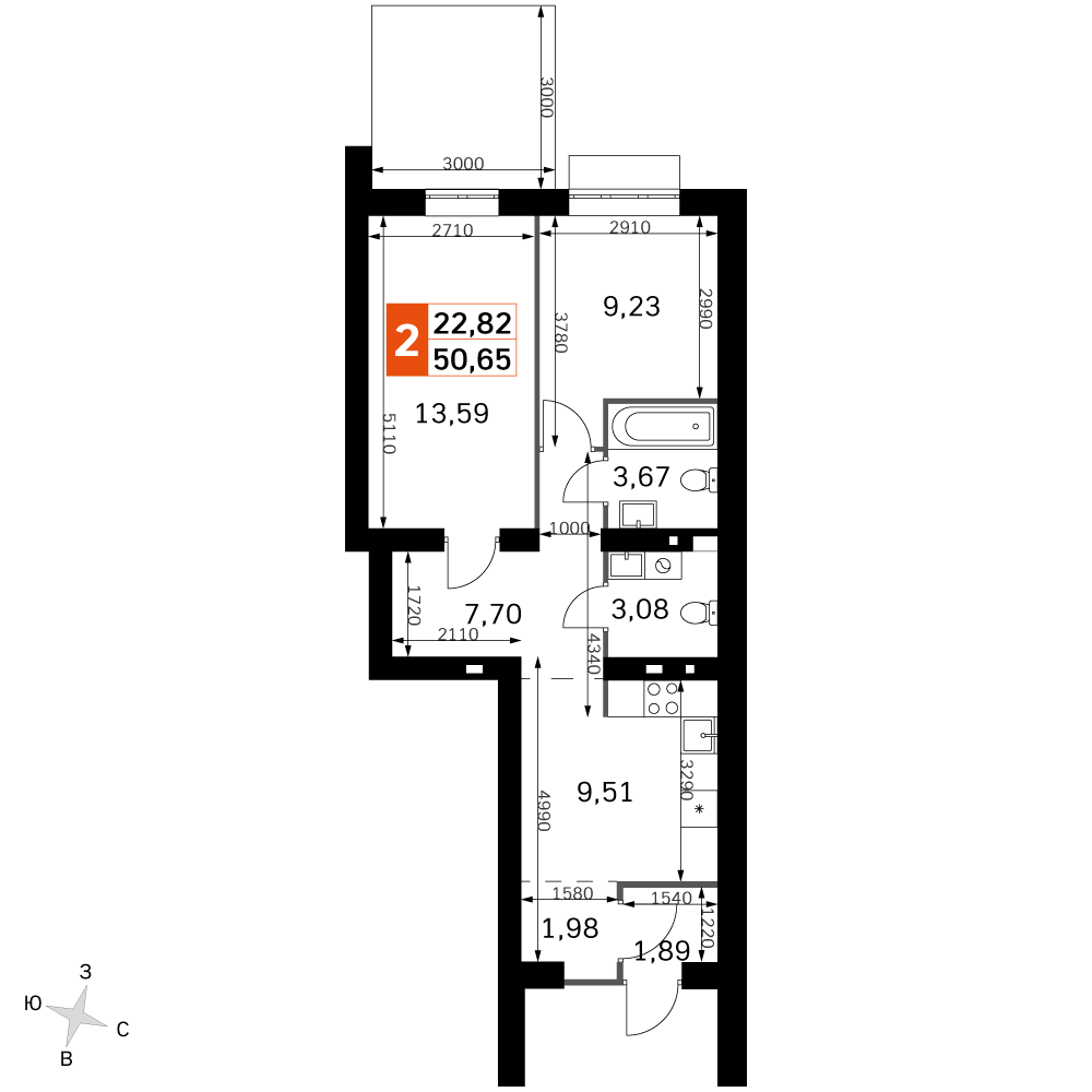 2 комн. квартира, 50.6 м², 1 этаж 