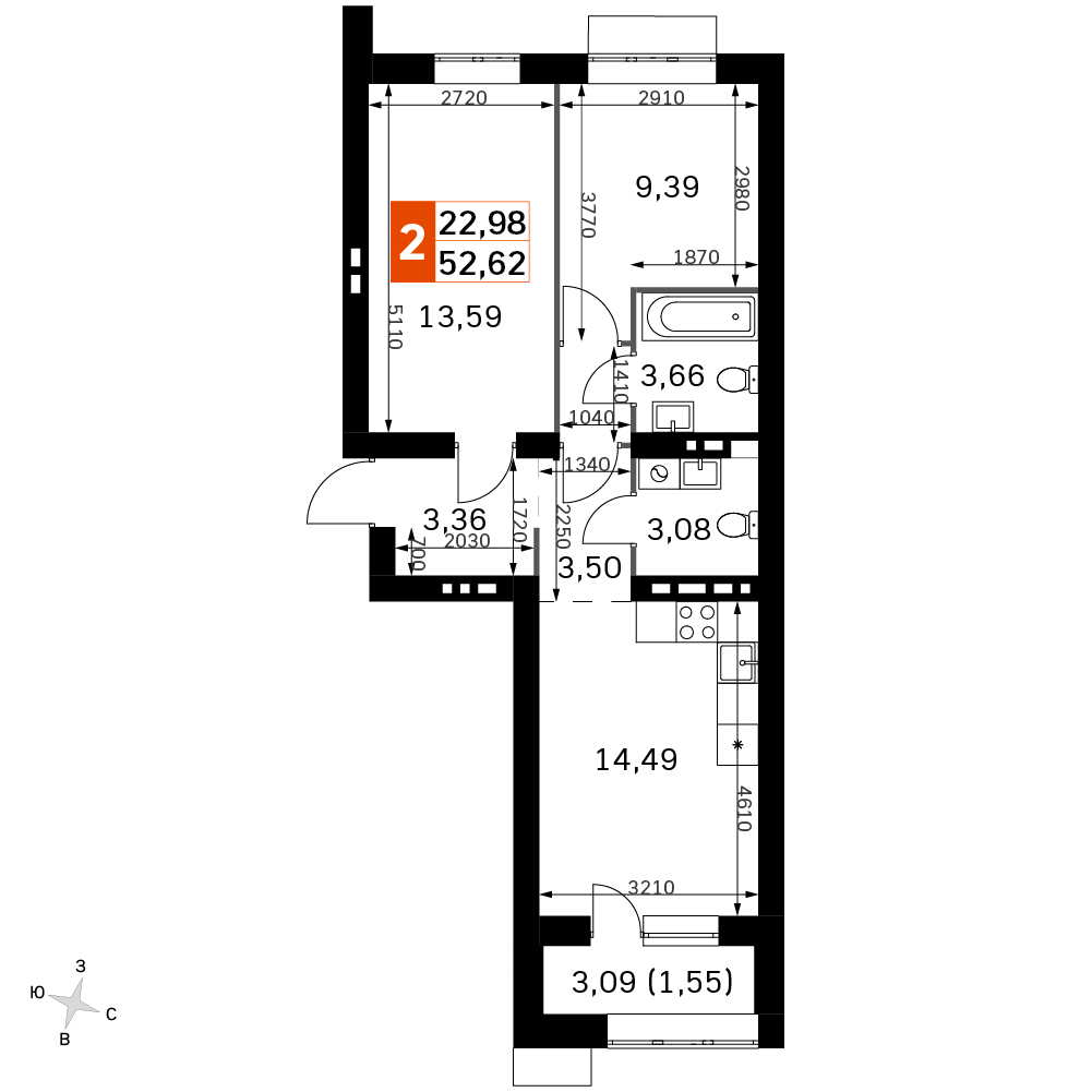 2 комн. квартира, 52.6 м², 4 этаж 