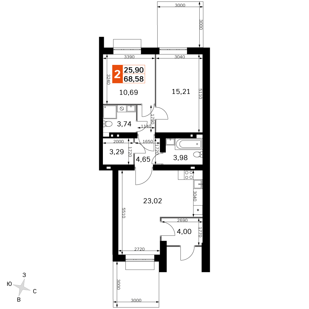 2 комн. квартира, 68.6 м², 1 этаж 