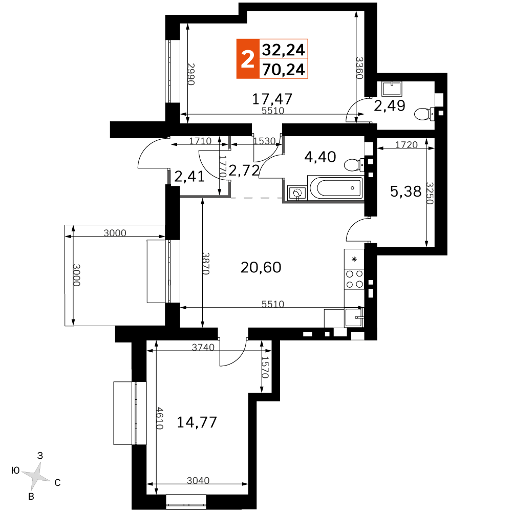 2 комн. квартира, 70.2 м², 1 этаж 
