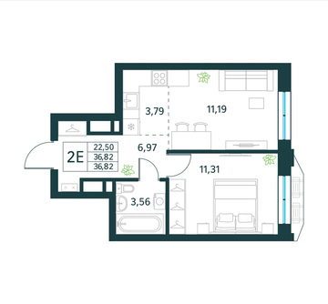 1 комн. квартира, 36.8 м², 16 этаж 