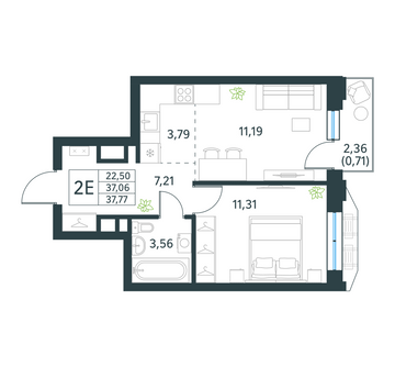 1 комн. квартира, 37.8 м², 15 этаж 