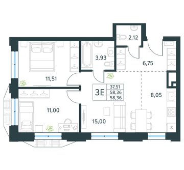 2 комн. квартира, 58.4 м², 21 этаж 