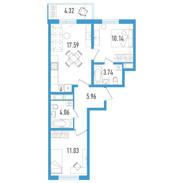 1 комн. квартира, 53.8 м², 4 этаж 