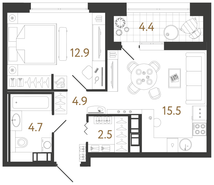 1 комн. квартира, 40.5 м², 8 этаж 