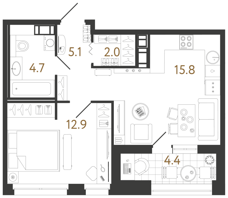 1 комн. квартира, 40.5 м², 11 этаж 