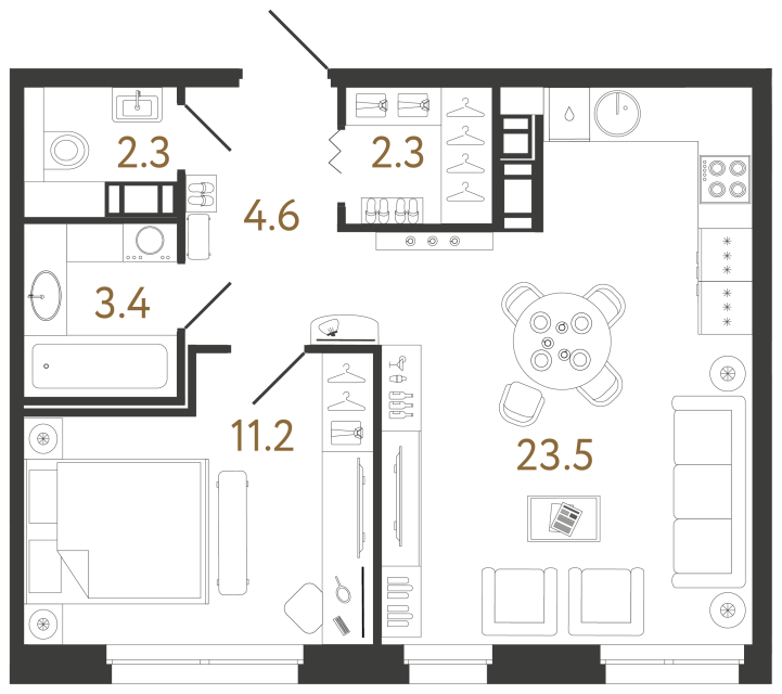 1 комн. квартира, 47.3 м², 14 этаж 