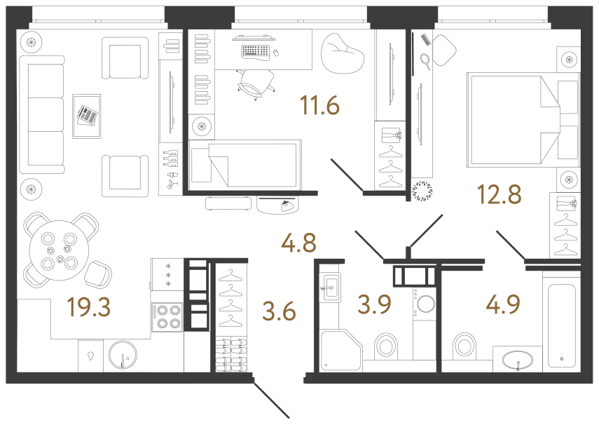 2 комн. квартира, 60.9 м², 11 этаж 
