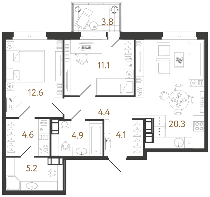 2 комн. квартира, 67.2 м², 7 этаж 