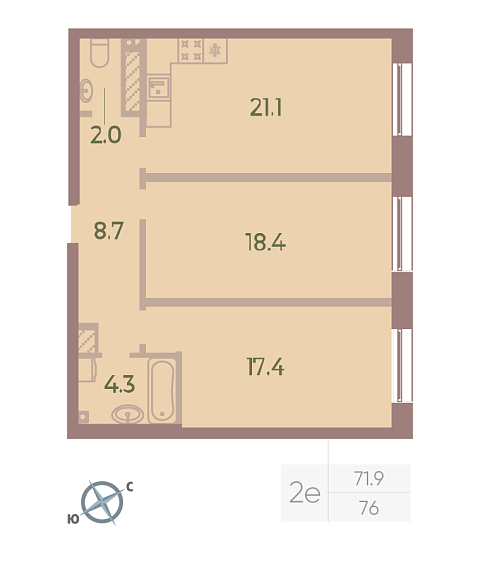 1 комн. квартира, 71.9 м², 7 этаж 