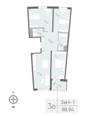 2 комн. квартира, 89.2 м², 3 этаж 