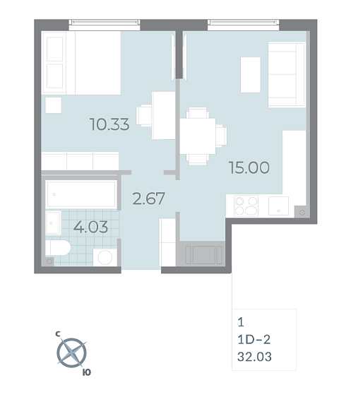 1 комн. квартира, 33.6 м², 15 этаж 