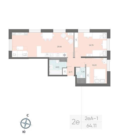 1 комн. квартира, 64.1 м², 4 этаж 
