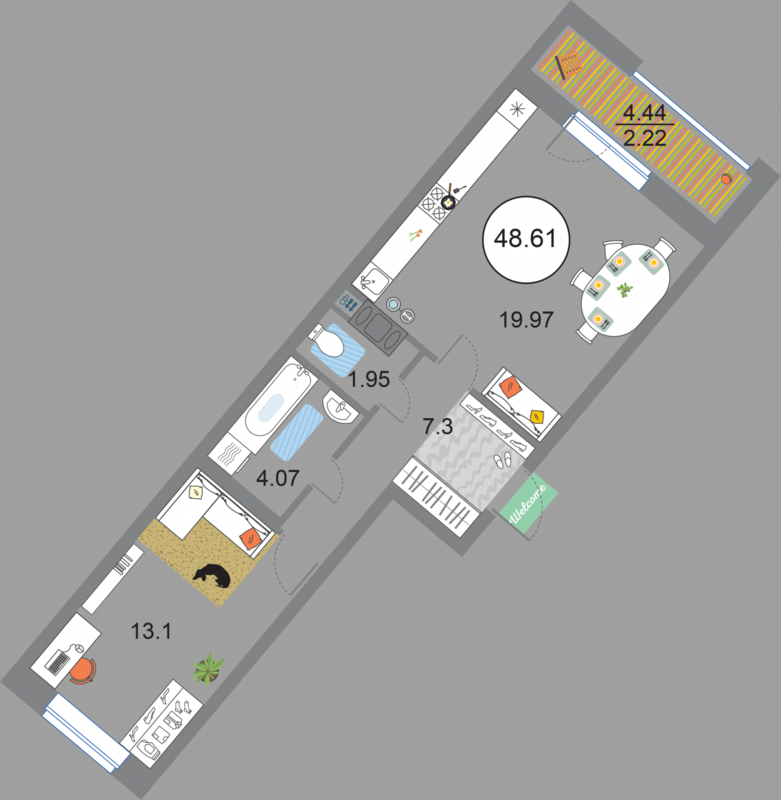 1 комн. квартира, 48.6 м², 4 этаж 