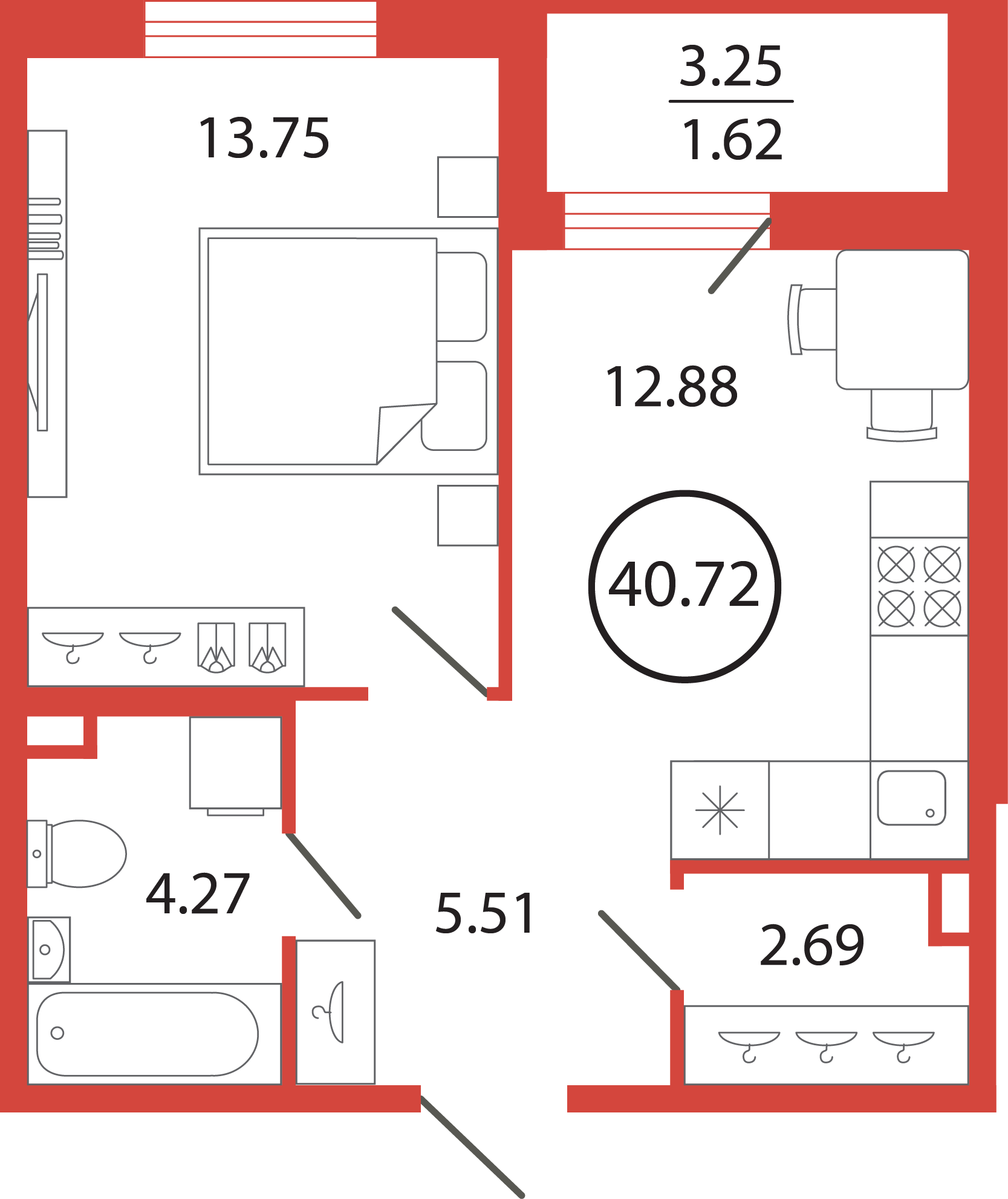 1 комн. квартира, 40.7 м², 12 этаж 