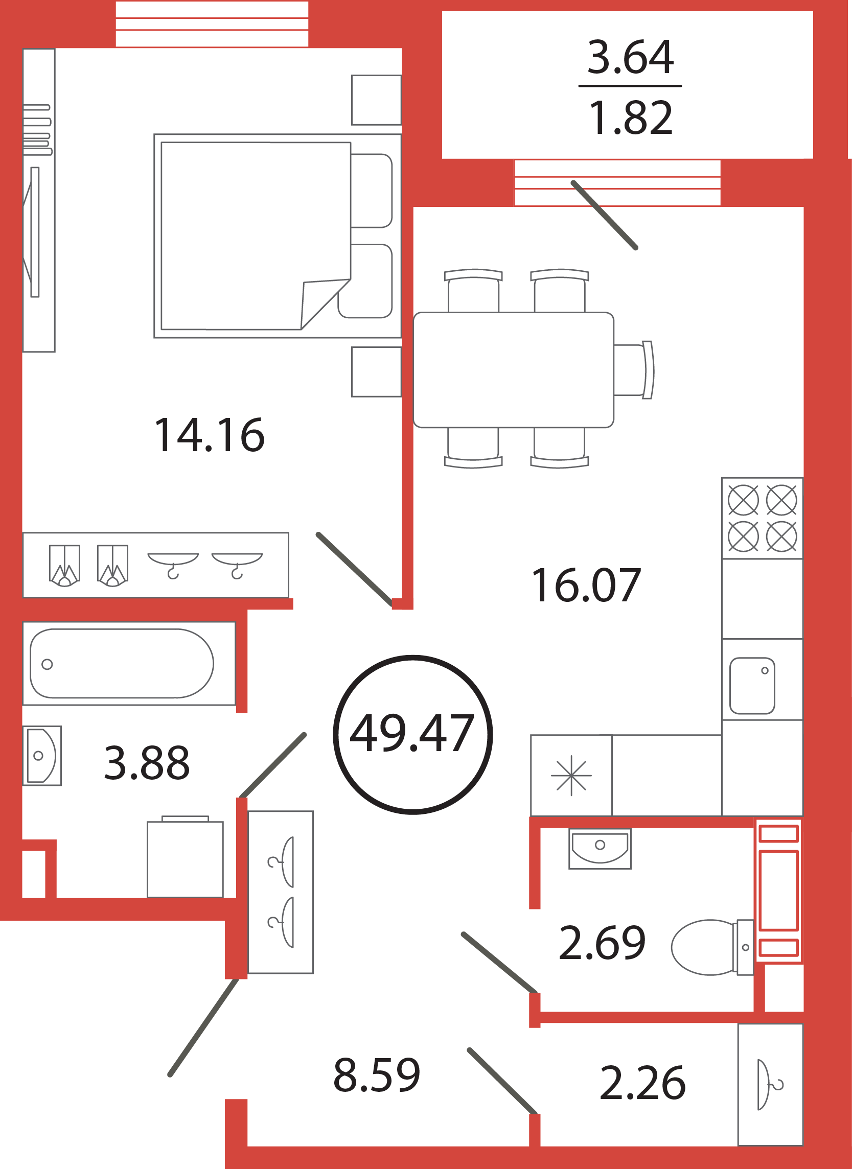 1 комн. квартира, 49.5 м², 4 этаж 