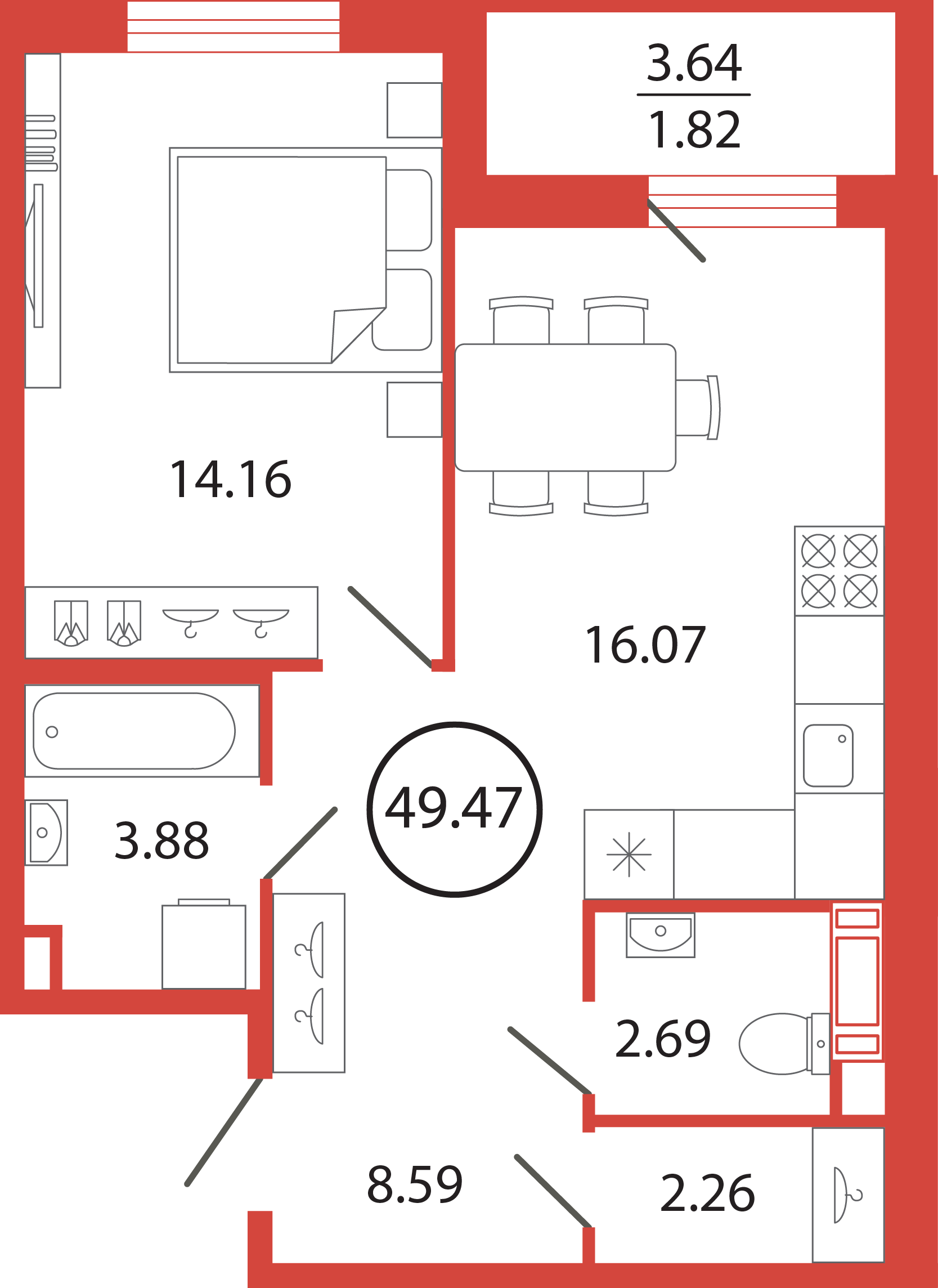 1 комн. квартира, 49.5 м², 7 этаж 